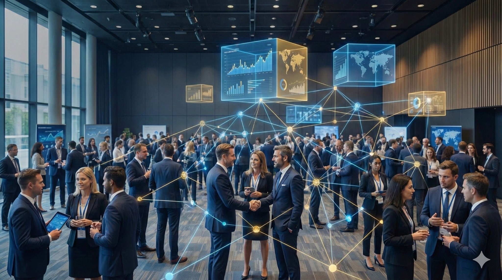 Business professionals networking at a conference with digital network overlays and data visualizations, representing CamaraSys connecting chambers and communities